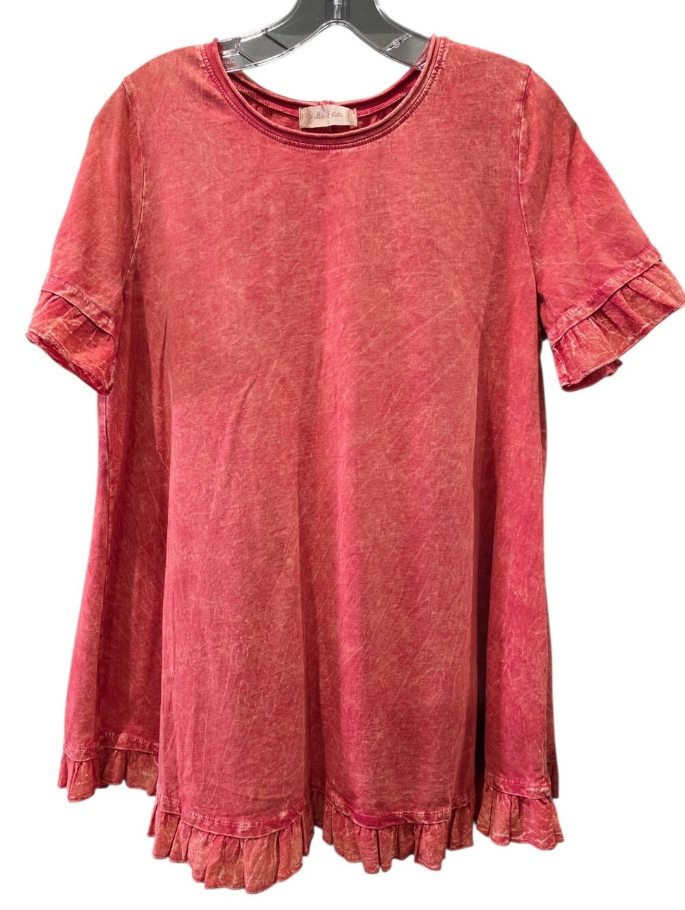 Altar'd State Red Mineral Washed Ruffle Hem Short Sleeve Tunic Size Large